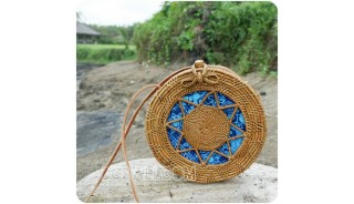 blue fabric rattan round circles sling bags motif handwoven